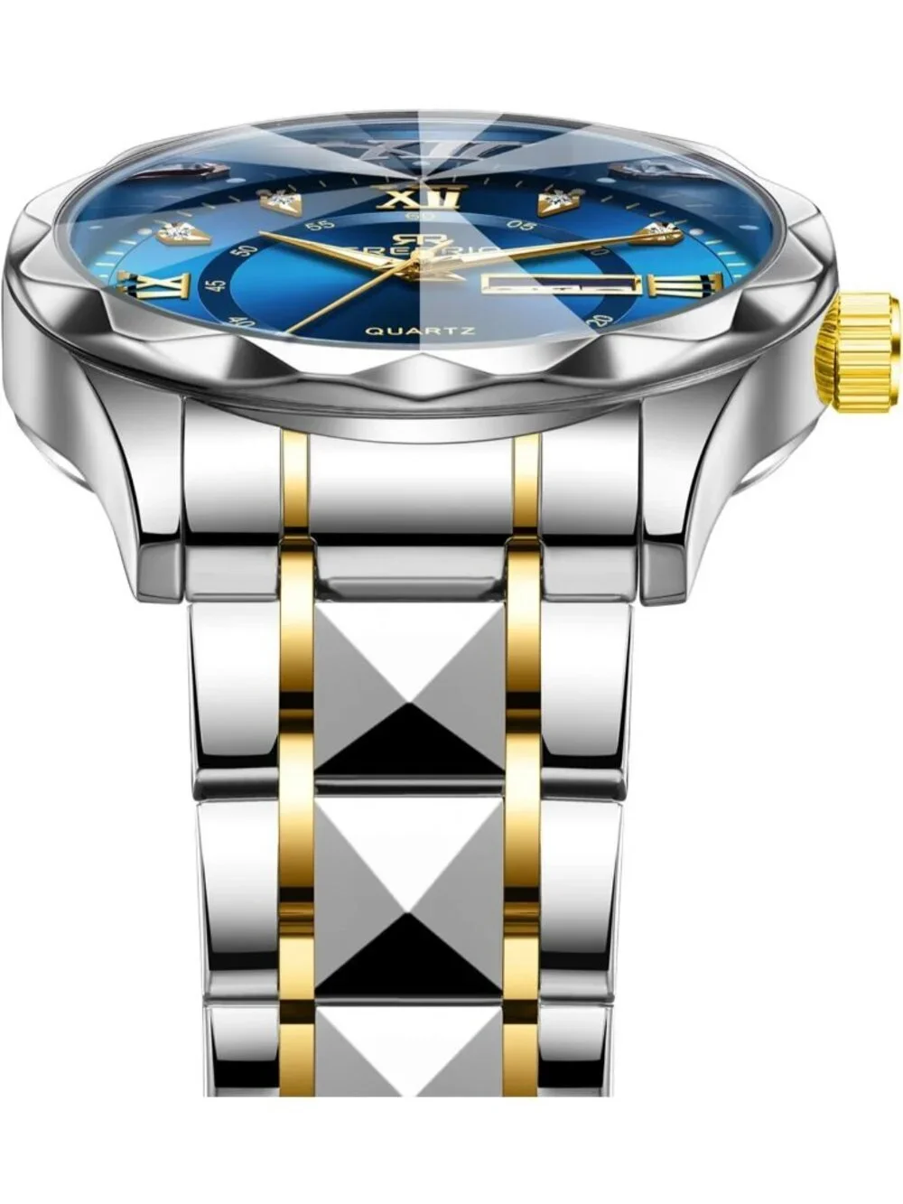 Mens Silver Blue Stainless Steel Waterproof Diamond Analog Luminous Wrist Watch